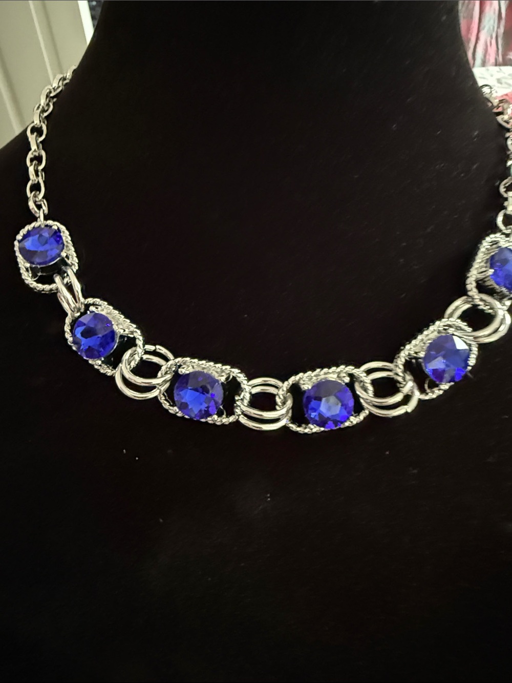 New 11” Silver tone Women’s Chain Necklace with Royal Blue Crystal Accents